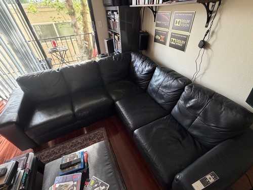 Black leather sofa used - leather,